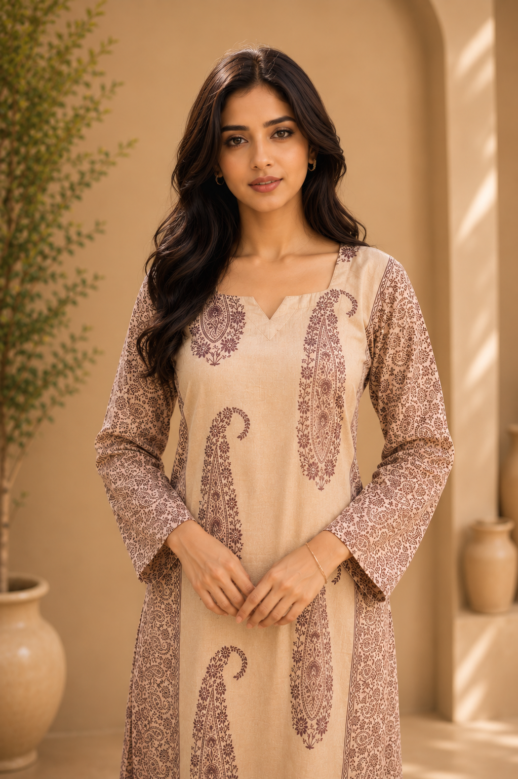 Brahmine Women's Beige Purple Cotton Printed Kurta Pant Dupatta Suit Set - Image 3