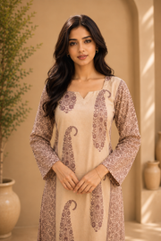 Brahmine Women's Beige Purple Cotton Printed Kurta Pant Dupatta Suit Set - Image 3