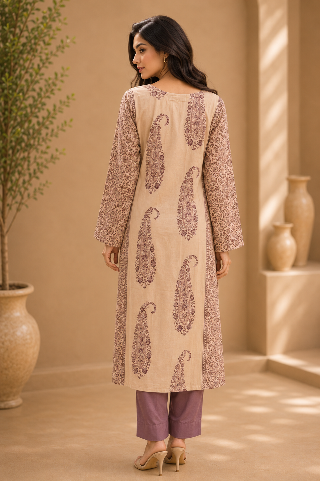 Brahmine Women's Beige Purple Cotton Printed Kurta Pant Dupatta Suit Set - Image 4