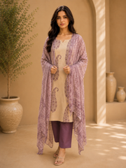 Brahmine Women's Beige Purple Cotton Printed Kurta Pant Dupatta Suit Set - Image 5