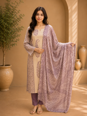Brahmine Women's Beige Purple Cotton Printed Kurta Pant Dupatta Suit Set - Image 6