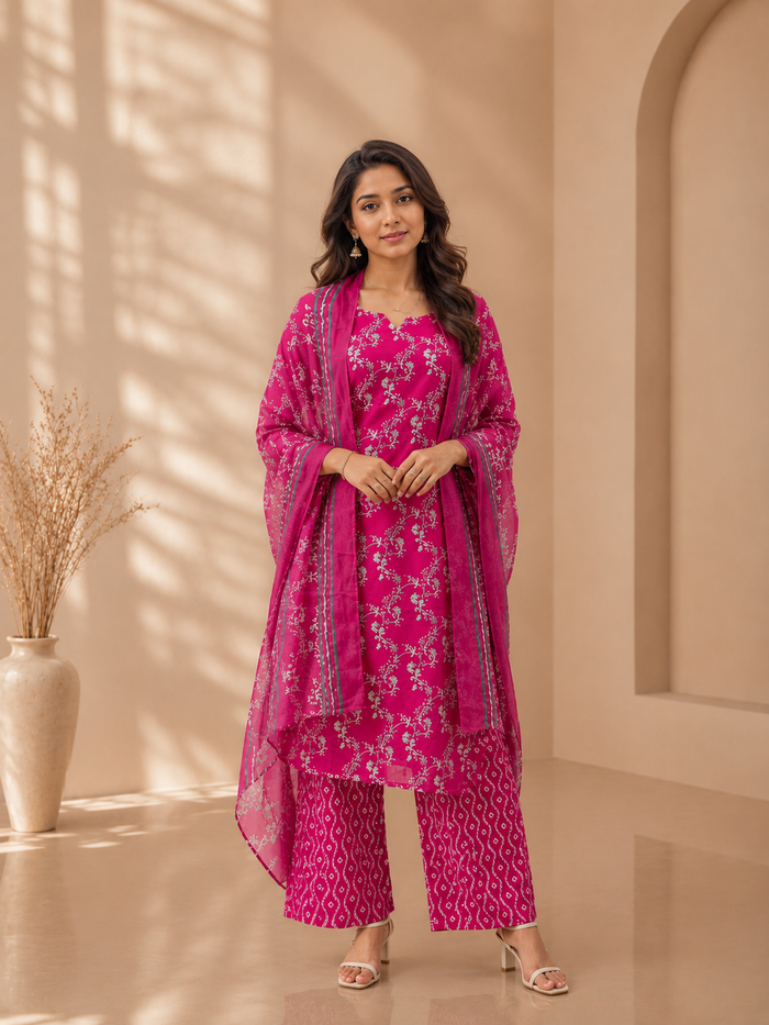 Brahmine Women's Royal Pink Pure Cotton Printed Kurta Pant Dupatta Suit Set