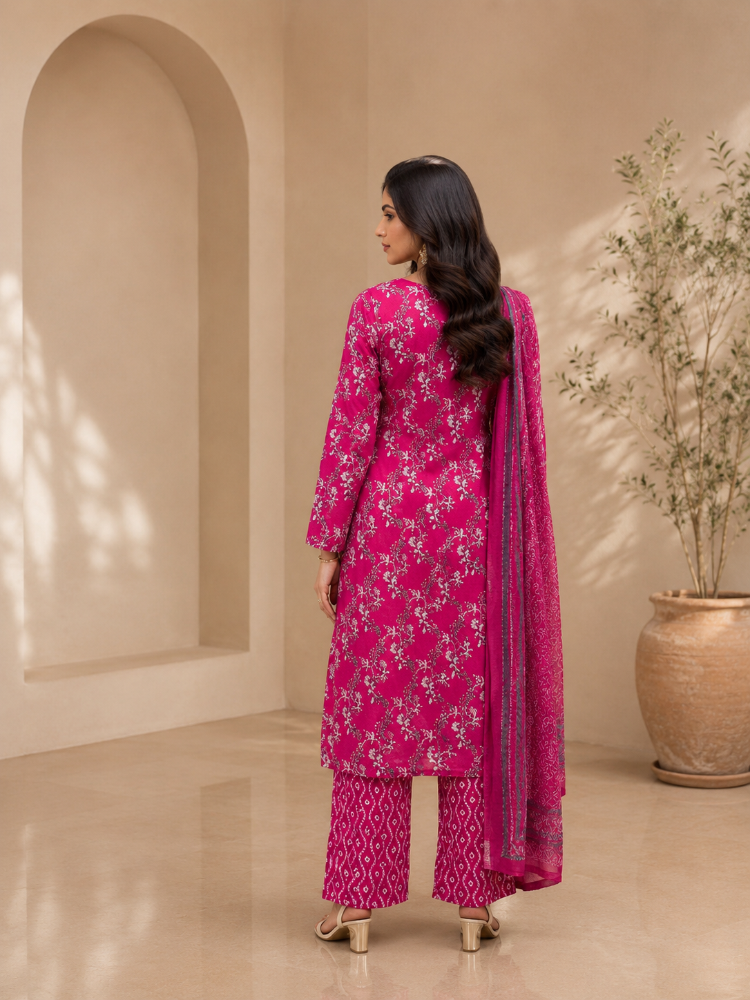 Brahmine Women's Royal Pink Pure Cotton Printed Kurta Pant Dupatta Suit Set - Image 2