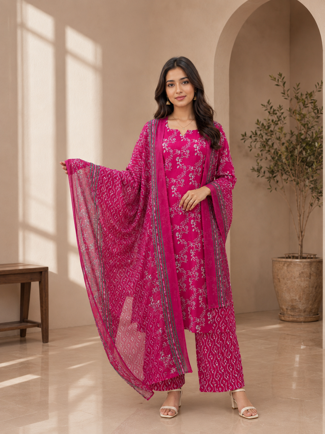 Brahmine Women's Royal Pink Pure Cotton Printed Kurta Pant Dupatta Suit Set - Image 3
