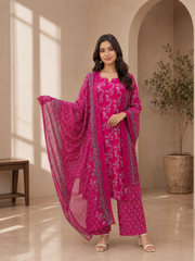 Brahmine Women's Royal Pink Pure Cotton Printed Kurta Pant Dupatta Suit Set - Image 3