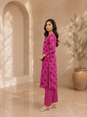 Brahmine Women's Royal Pink Pure Cotton Printed Kurta Pant Dupatta Suit Set - Image 4