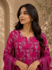 Brahmine Women's Royal Pink Pure Cotton Printed Kurta Pant Dupatta Suit Set - Image 5