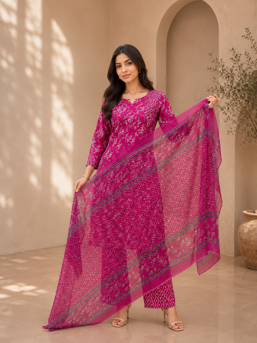 Brahmine Women's Royal Pink Pure Cotton Printed Kurta Pant Dupatta Suit Set - Image 6