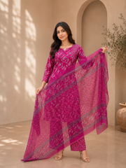 Brahmine Women's Royal Pink Pure Cotton Printed Kurta Pant Dupatta Suit Set - Image 6