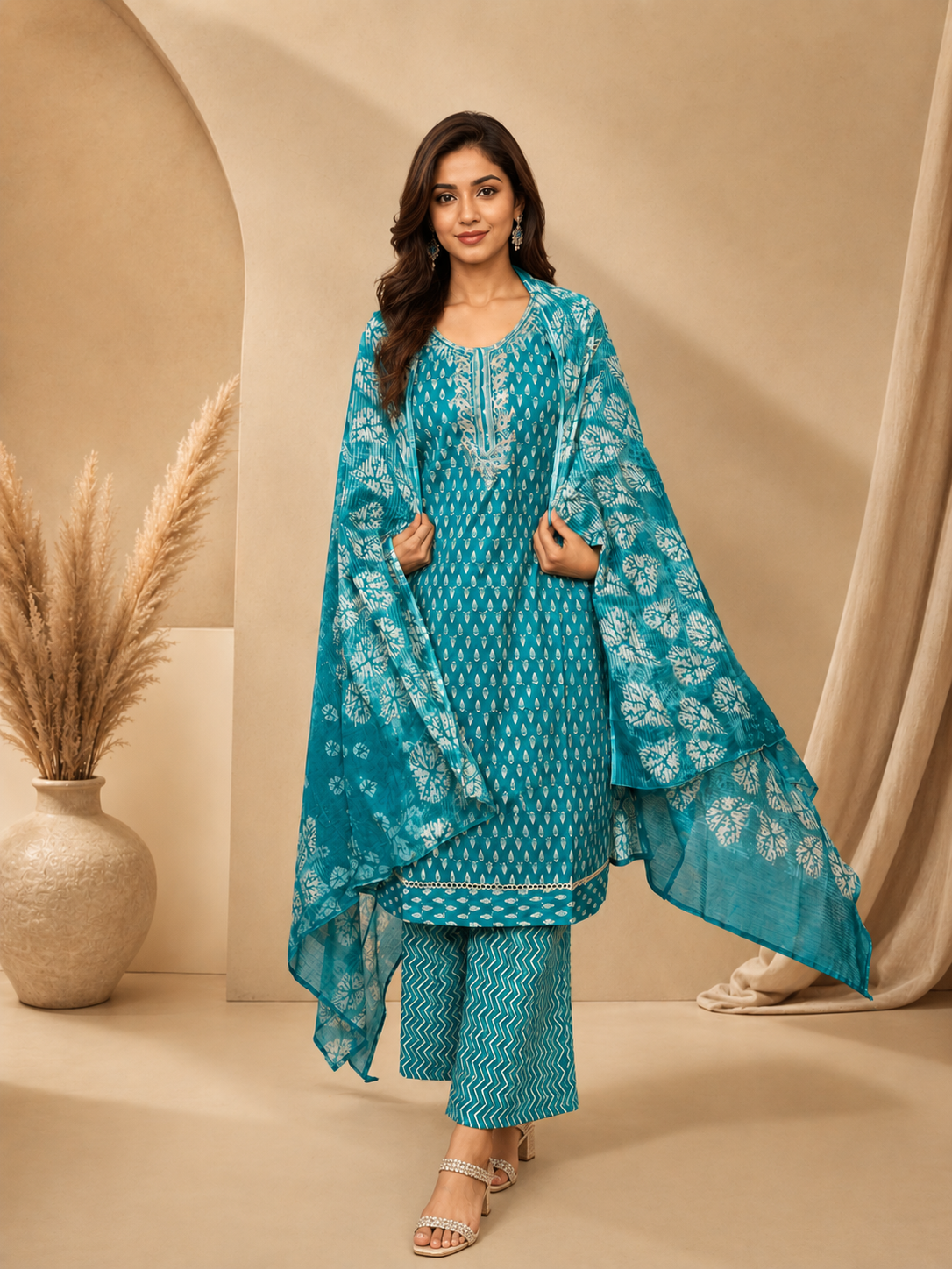 Brahmine Women's Sky Blue Pure Cotton Suit Set