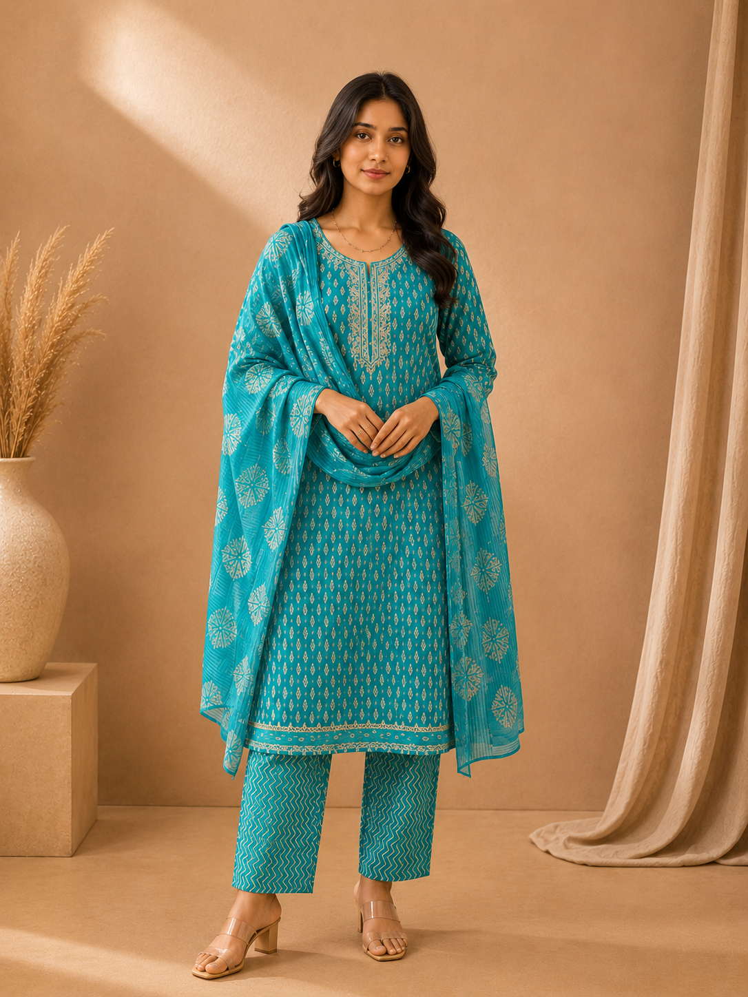 Brahmine Women's Sky Blue Pure Cotton Suit Set